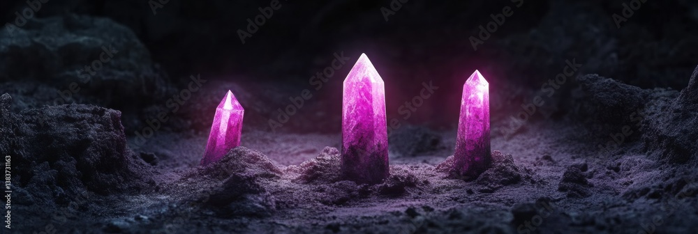 Poster mystical metaphysical branding luminescent amethyst crystal podiums in dark ethereal landscape - spi