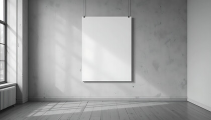 Empty Vertical Canvas Hanging in Contemporary Art Exhibition with Grayscale Aesthetic

