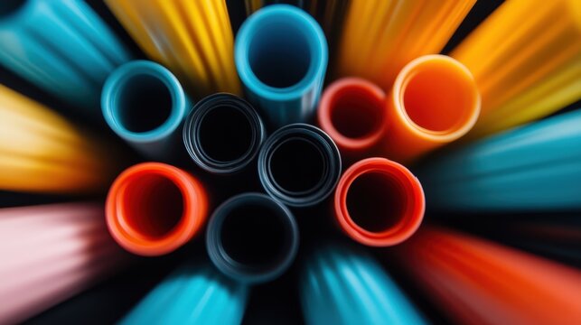 An abstract composition showcasing a vibrant collection of plastic straws, perfectly arranged to highlight the fusion of color and form while drawing attention to contemporary art in everyday objects