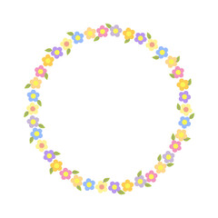 Round floral wreath of decorative whimsical flowers, leaves, simple frame design element for wedding, birthday, card, background, invitation, wallpaper, sticker, decoration