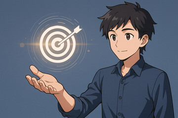 anime Business achievement objective target concept, strategic planning for business growth and target customer group. Businessman holding target icon for business objective. 