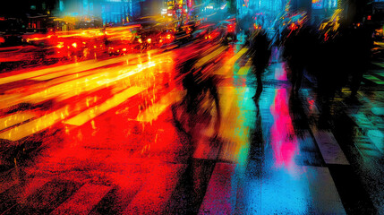 Abstract city street at night with colorful lights and blurred motion effect