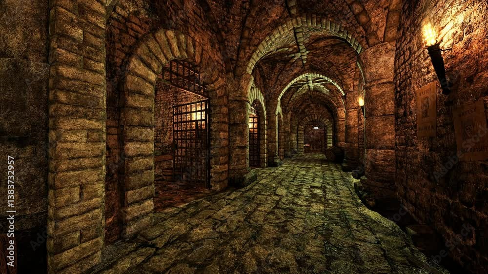 Poster stone walled corridor in an old medieval dungeon with fire torches on the walls. 3d animation.