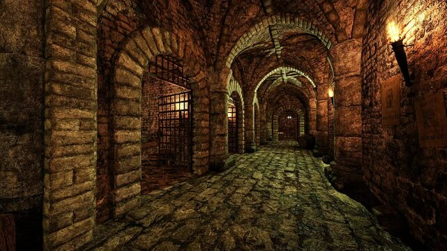 Stone walled corridor in an old medieval dungeon with fire torches on the walls. 3D animation.