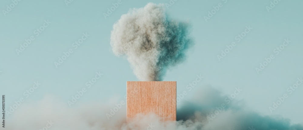 Aufkleber Minimalist Conceptual Cloud Metaphor Ethereal Smoke Transform Wooden Block in Soft Blue Aesthetic - Creative Visualization of Change, Innovation, and Dynamic Business Potential