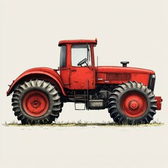 Obraz premium Red tractor parked on grass with worn tires in a sunny outdoor setting during daytime