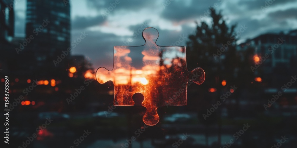 Poster collaborative vision sunset-illuminated puzzle pieces revealing urban transformation strategy for ne