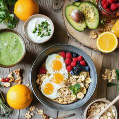 Healthy Breakfast with Fried Eggs, Avocado, and Fresh Fruits on Rustic Wooden Table