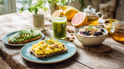 Healthy Breakfast with Fried Eggs, Avocado, and Fresh Fruits on Rustic Wooden Table