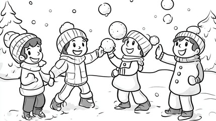 Fototapeta premium Children Joyfully Playing in the Snow Creating Snowballs in a Winter Wonderland Scene
