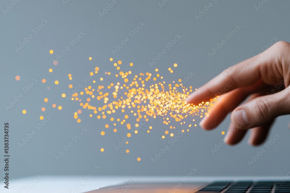 Aufkleber Digital Transformation Visualization Minimalist Hand Revealing Golden Particle Data Flow - Futuristic Tech Innovation, AI-Driven Connectivity and Creative Business Intelligence