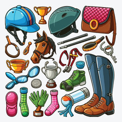 Equestrian sport accessories cartoon illustration set stock illustration