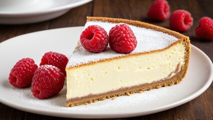 Tempting Raspberry Cheesecake Slice: A Delicious Treat Featuring a Creamy Filling, Golden Crust, and Fresh Fruit, Perfect for Dessert Time.