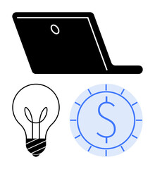 Laptop silhouette paired with light bulb and coin, symbolizing technology, creativity, finance, and solutions. Ideal for business, e-learning, innovation, startup productivity digital economy flat