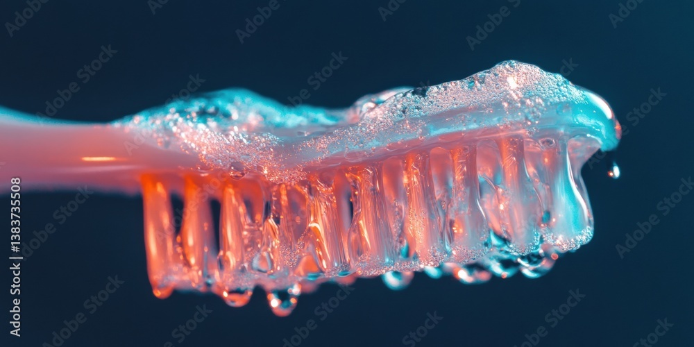 Poster hyper-realistic dental hygiene innovation macro toothbrush visualization with futuristic neon textur