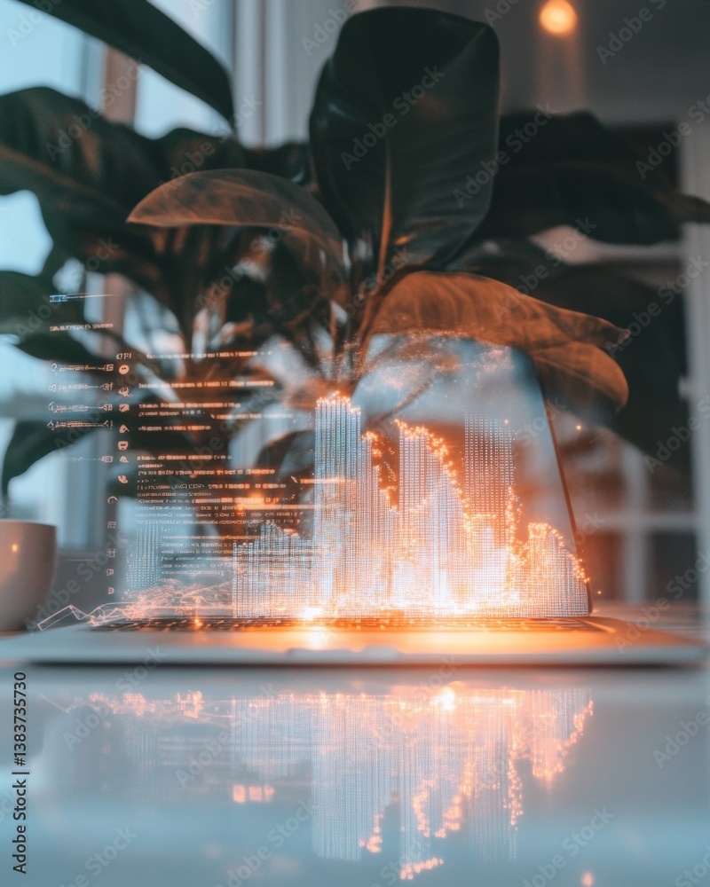 Poster Futuristic Digital Workspace Holographic Data Visualization with Biophilic Design - Immersive Tech Innovation Meets Organic Productivity Environments