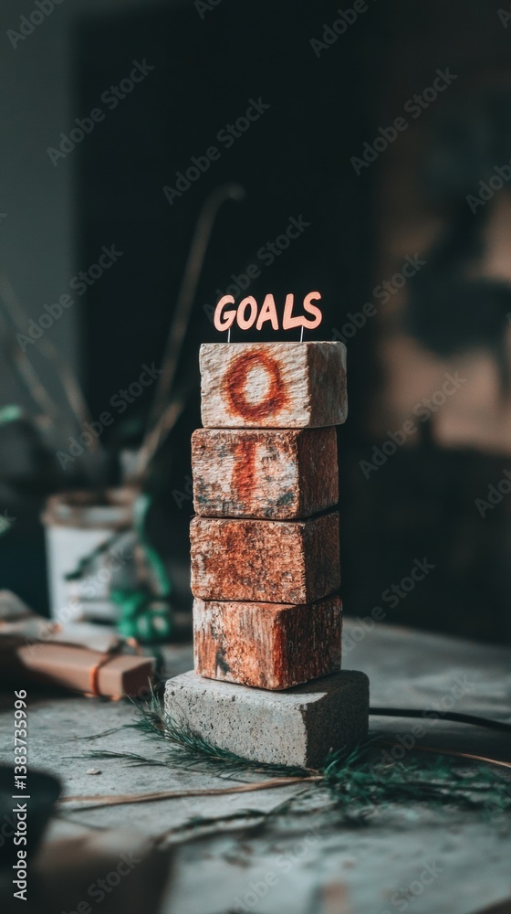 Poster Minimalist Mindset Mastery Rustic Wooden Goal-Setting Blocks with Target Symbolism - Transformative Personal Development Strategy for Entrepreneurial Growth