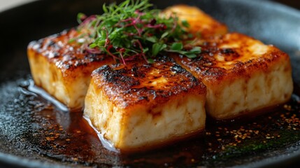Grilled Tofu Steaks with Spicy Sauce and Fresh Herb Garnish