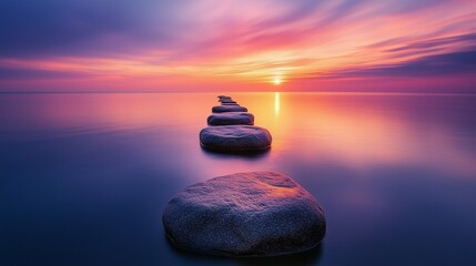 A peaceful sunset scene with a Zen path of perfectly arranged, smooth stones gently hovering over a calm expanse of water.
