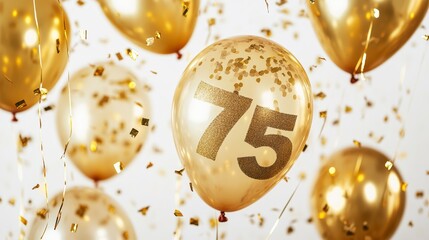 Gold balloons with number 75 and confetti for a 75th anniversary or birthday celebration.