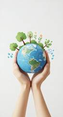 Hands Holding Earth with Green Plants and Nature Elements  