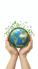 Hands holding the Earth with greenery and wind turbines  