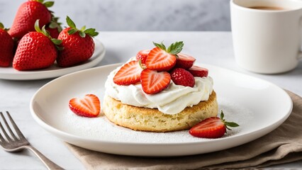 Delightful Strawberry Shortcake Dessert: A Light and Fluffy Biscuit Topped with Fresh Strawberries and Cream, Perfect for a Sweet Treat.