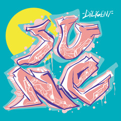 Vector Graffiti of June with Bold Street Art Lettering, Cyberpunk Details, and the Word Diligent in a Vibrant Urban Style