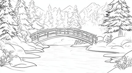Fototapeta premium Snow Covered Bridge Over a Tranquil Pond Surrounded by Pine Trees in a Winter Landscape