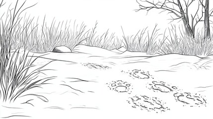 Fototapeta premium Black and White Coloring Book Illustration of a Serene Winter Landscape with Snow and Footprints