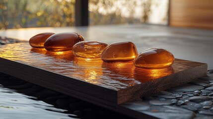 A tranquil sunset casting warm golden and amber hues over a serene Zen path made of smooth, polished stones above still water.
