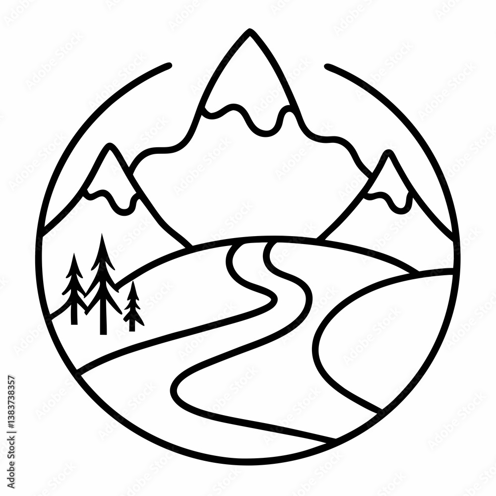 Aufkleber river and mountain outline vector – line art drawing for coloring book page on white background