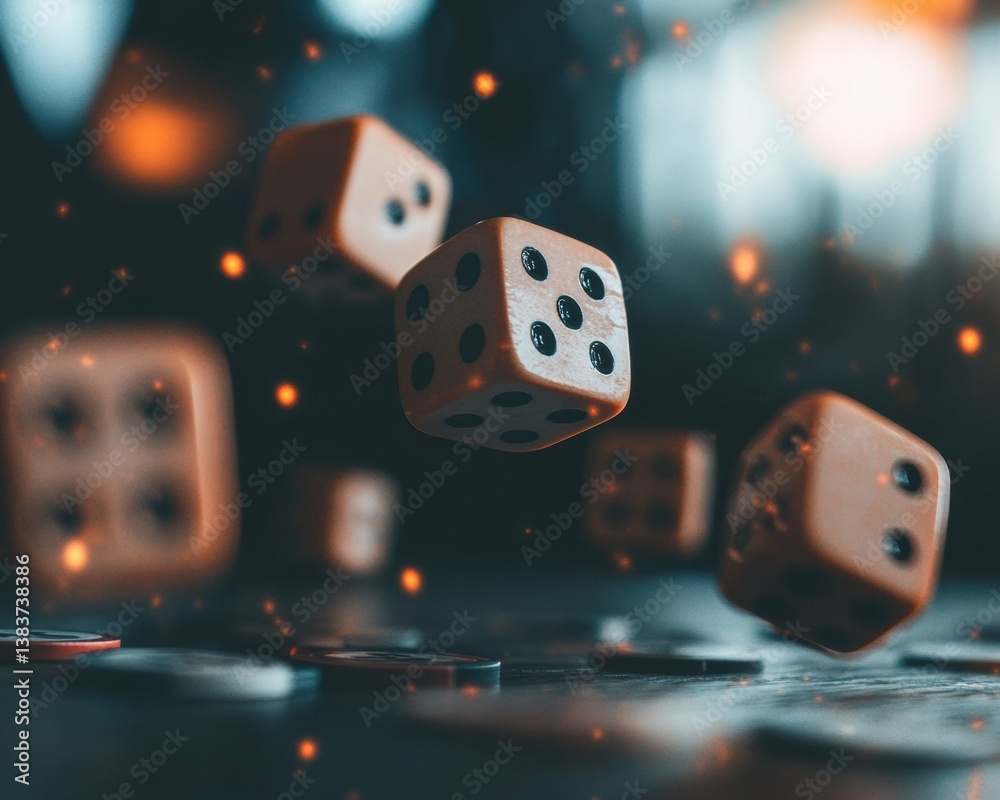 Poster Quantum Risk Visualization Dynamic Probability Dice in Hyper-Realistic Motion, Blending AI-Driven Analytics with Strategic Decision Forecasting