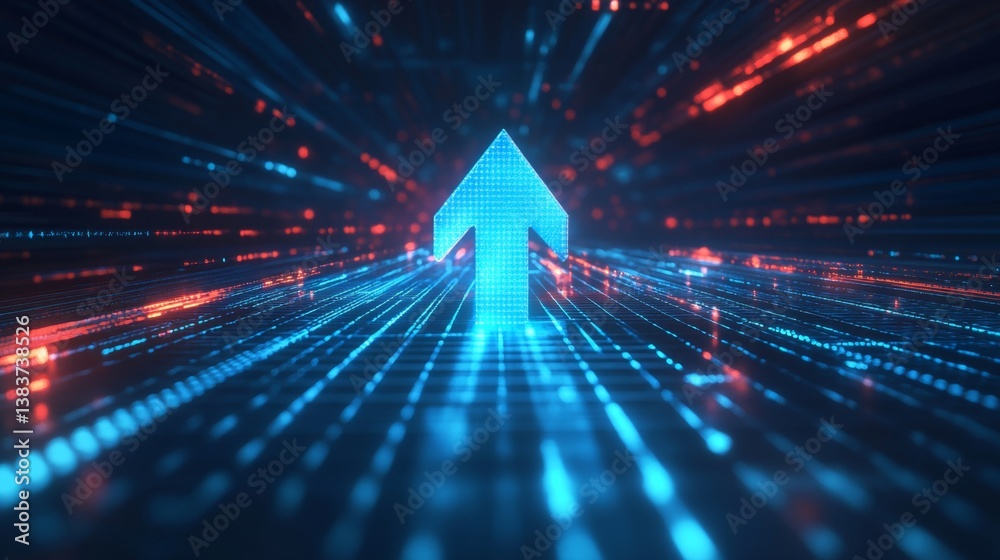 Poster dynamic digital arrow ascending through neon data streams virtual environment high-tech concept visu