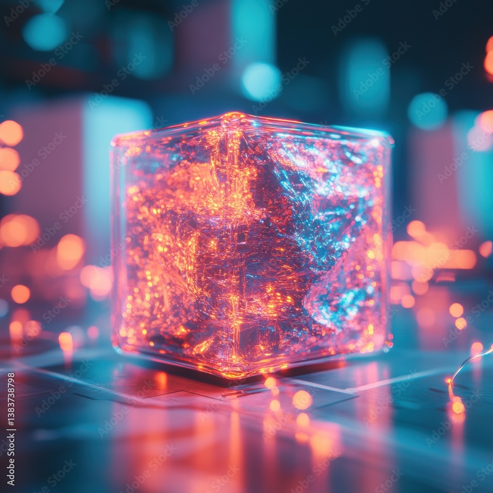 Aufkleber Cyberpunk Liquid Crystal Dynamics Iridescent Quantum Cube Visualization in Neon Chromatic Flux - Futuristic Digital Art and Immersive Tech Innovation