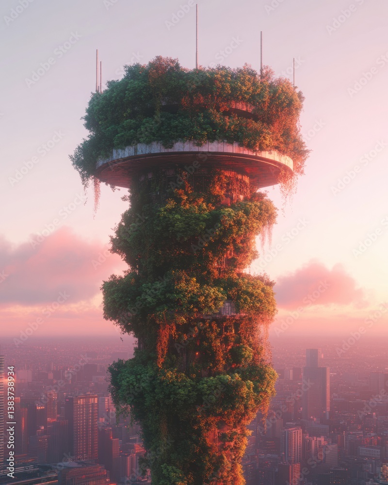 Poster eco-futuristic urban connectivity biophilic wireless tower transforms cityscape with green technolog