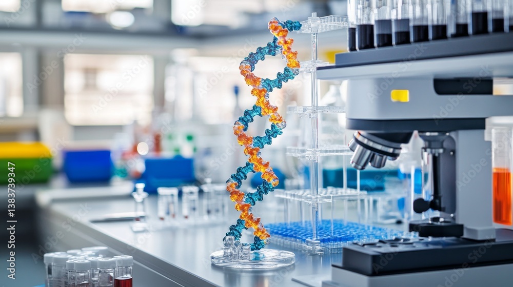 Poster research experiment on dna structure in a modern science lab conducting analysis laboratory scientif