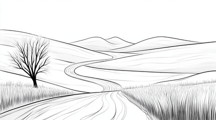 Obraz premium Simple Coloring Book Page Featuring A Snowy Road Through A Tranquil Winter Landscape