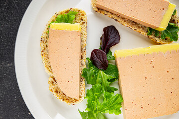 Pate mousse liver duck poultry meat tasty fresh gourmet food background table rustic food top view...