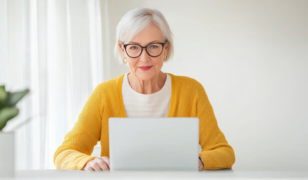 Content Senior Woman Engaged in Modern Computing: A senior woman with a gentle demeanor and stylish glasses, working diligently on a laptop in a naturally lit room.