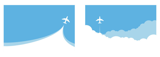 Plane Journey, travel, tours. Simple airplane travel opens the background behind itself. Airport advertising, trip abroad on vacation. vector illustration