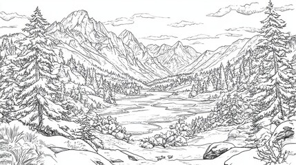 Fototapeta premium Simple Coloring Page Featuring Snowy Valley Landscape with Mountains and Trees Outlined for Creative Use