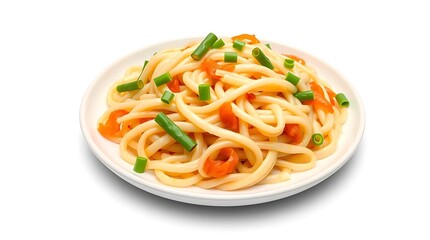 Flat Rice Noodles with Carrot Ribbons and Green Onion Garnish on White Plate in Minimalist Style