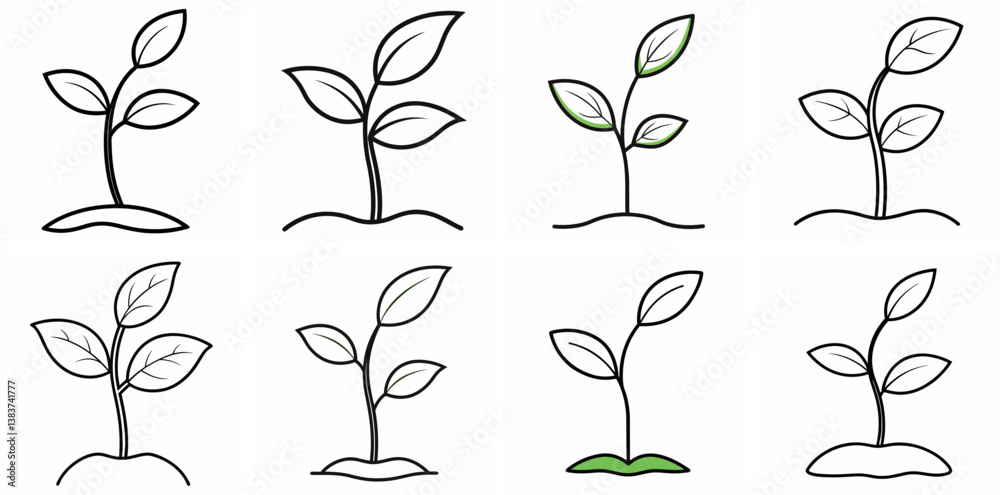Aufkleber seedling sprout outline vector set – line art drawing for coloring book page on white background