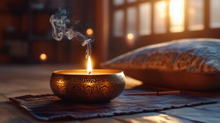  A serene meditation room with a glowing candle placed on a low wooden surface, accompanied by a brass singing bowl with intricate patterns. 
