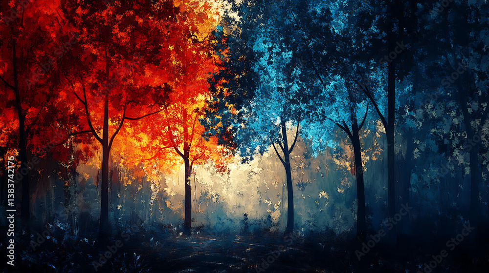 Poster trees with a blue, red and orange color abstract art