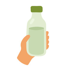 Hand holding eco-friendly reusable glass water bottle. Minimal flat cartoon vector illustration.