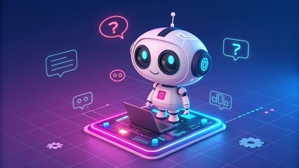 Cute robot thinking with digital icons, engaging with a cutting-edge chatbot on a neon-lit interface.