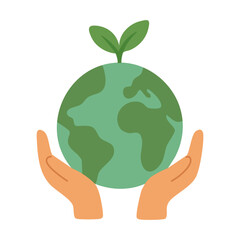 Planet Earth with sprout in hands. Symbol of ecological growth, nature care and sustainable future.