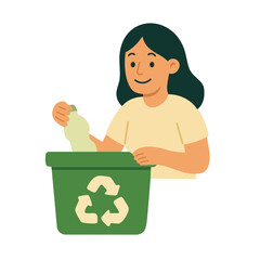 Smiling girl throws plastic bottle in recycle bin. Promotes eco habits and waste sorting awareness.